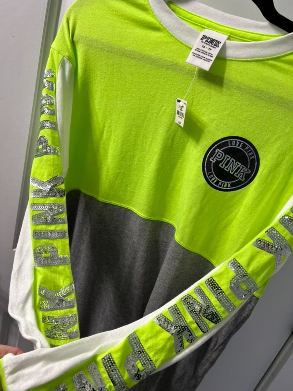 PINK Victoria's Secret Bling Campus Long Sleeve Tee XS Neon Yellow - Picture 5 of 7